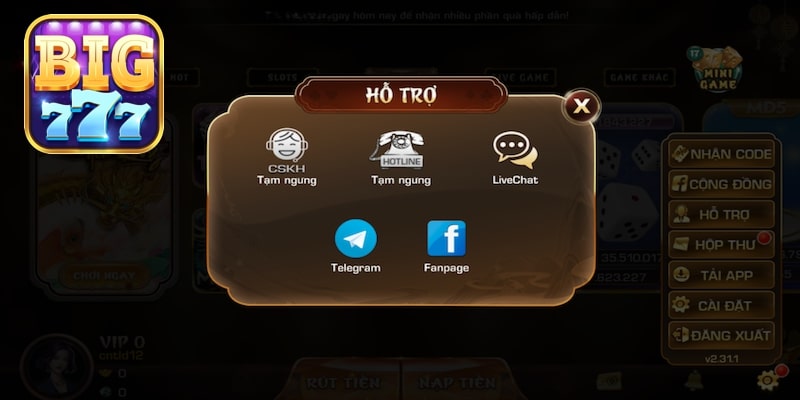 Các kênh liên hệ tại Big777